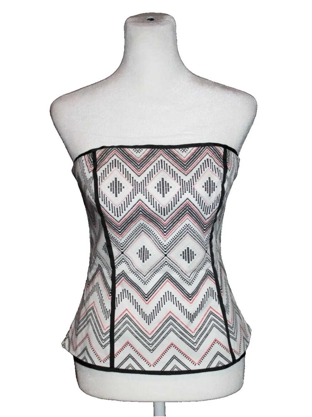 White House Black Market Y2K Strapless Corset Top White Black Red Size 6 EUC
